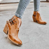 Rarove  Women Vintage Rivet Ankle Boots Pu Leather Shoes Autumn Winter Side Zipper Shoe Female Mid Heels Pointed Booties Chaussures
