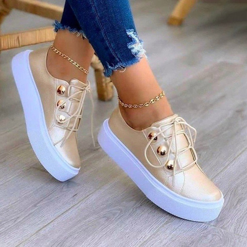 Rarove Fall Outfit 2022 Fall Ladies Casual Shoes Leather Lace Up White Women Mesh Sneakers Thick Soled Metal Decoration Breathable Female Flat