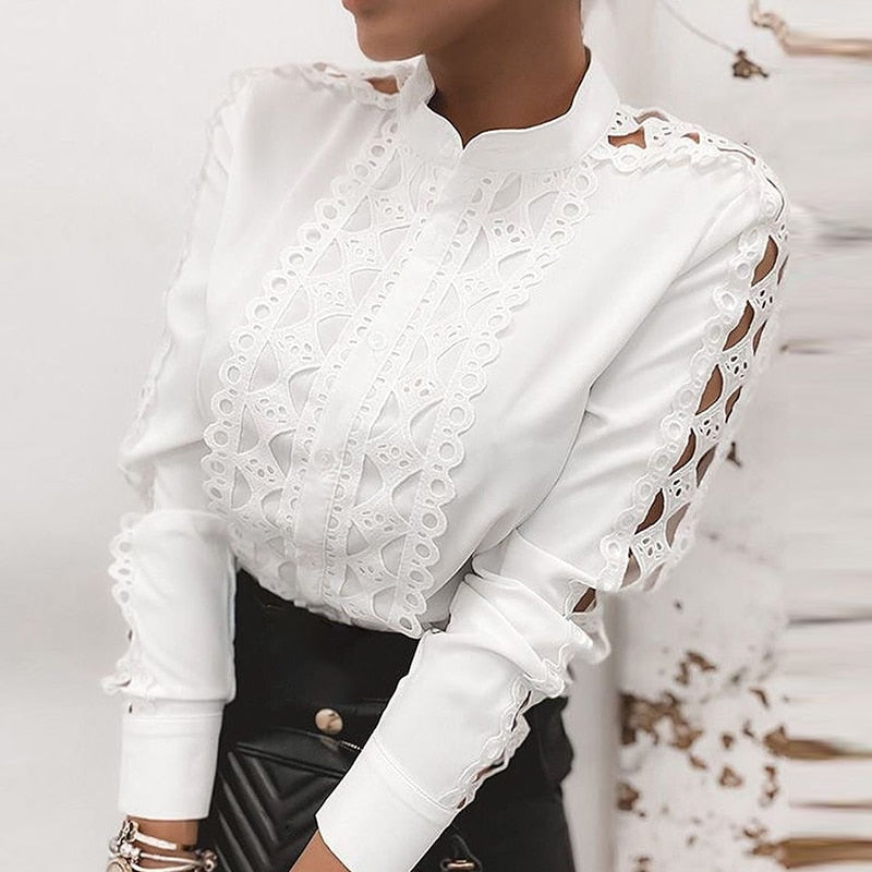 Women Patchwork Sequin Embroidery Lace Blouse Shirt Spring Sexy Hollow Out O Neck Blusas Autumn Casual Long Sleeve Tops Pullover