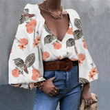 Rarove Autumn outfits 2023 Autumn Puff Sleeve Shirts Blouse Women Floral Long Sleeve V Neck Vintage Shirts Casual Loose Elegant Tops Blouses Female