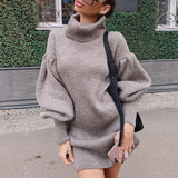 Fall outfits 2022 Elegant high neck knitted dress Loose Lantern Sleeve straight tube Dress 8 color sexy office dress Autumn winter