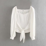 Rarove Women Solid White Shirt Belt New Square Collar Long Puff Sleeve Temperament Casual Style Chic Fashion Autumn