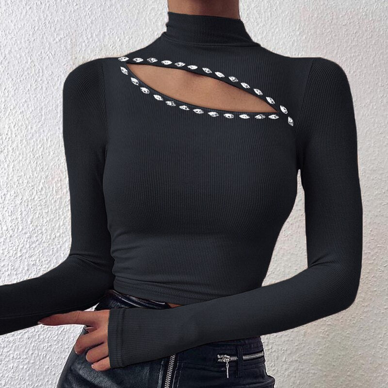 Sexy Off Shoulder Cut Off Patchwork Spring Shirts 2022 Women Hollow Out O Neck Elegant Blouse Autumn Long Sleeve Rib Tops Blusas