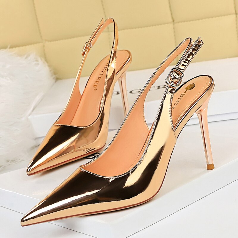 Rarove Luxury Women Stripper 9.5cm High Heels Slingback Sandals Office Lady Stiletto Heels Sandals Wedding Prom Shoes Plus Size