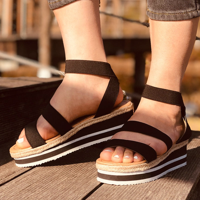 Rarove Retro Women Sandals Leopard Hemp Flat Platform Ladies Wedge Women's Shoes Woman Casual Buckle Strap Female Summer New
