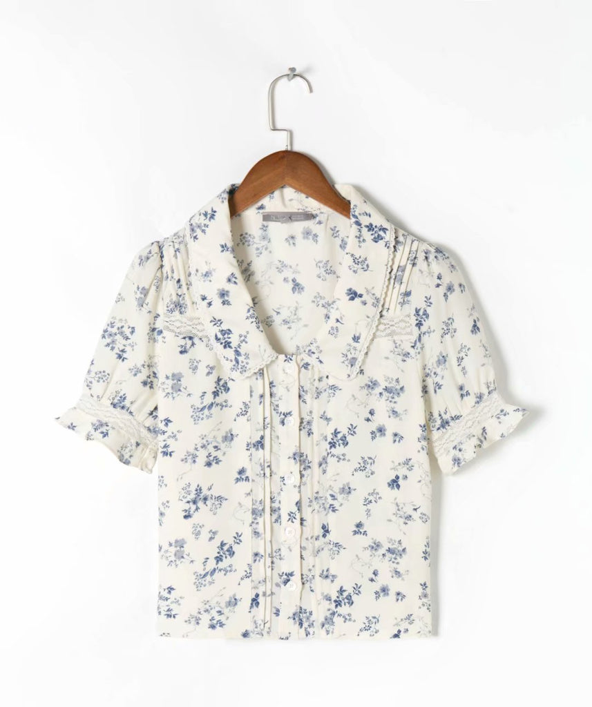 Rarove Floral Print Shirt Female Lace Blouse V-Neck Notched New All-Match Gentle Fashion Short Sleeve Summer Top