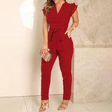 Rarove Autumn outfits Women Fashion Elegant Jumpsuits Overalls V Neck Flying Sleeve Belted Jumpsuit