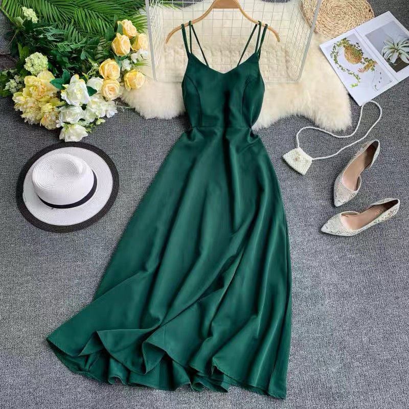New-Coming Spring Summer Holiday Long Dress Cross Spaghetti Strap Open Back Beach Style Ankle-Length Women Dresses