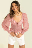 Rarove Women's Vintage Floral Chiffon Shirt V-Neck Design Print Lantern Sleeves To Shrink Waist Spring Autumn Blouse Short Top