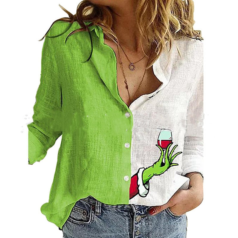 Rarove Fashion Green Stitching Wine Glass Print Shirt Autumn Women's Lapel Long Sleeve Office Blouse Elegant Ladies Plus Size Tops 3XL