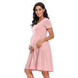 Rarove Women Short Sleeve Maternity Dress V-neck Casual Flowing Tunic Dress Pregnancy Clothes High Waist Pleated Elegant Charming Dress