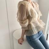 Rarove 2023 Fashion Woman's Shirt Vintage Female Ruffled Deep V-Neck Silk Shirt Waist Hugging Slimming Chiffon Blouse Solid Sweet 10334