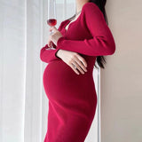 Rarove Thanksgiving Autumn Sexy Hot Knitted Maternity Pencil Dress V Neck Charming A Line Slim Clothes For Pregnant Women Chic Ins Pregnancy