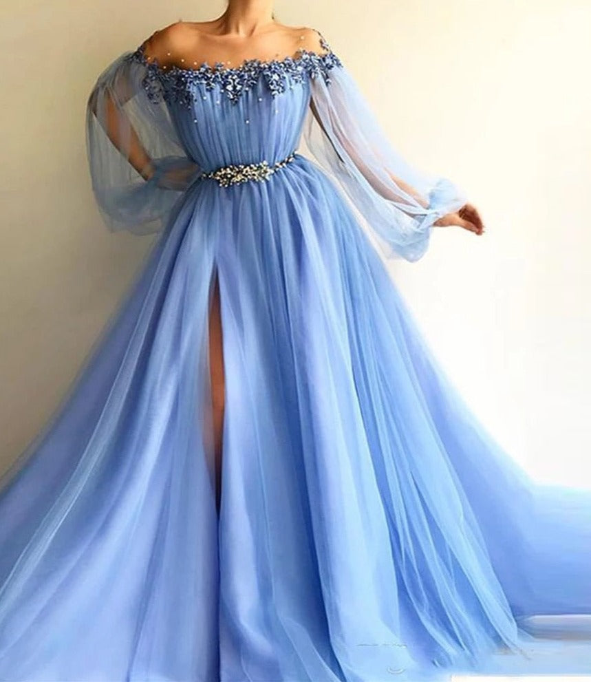 Rarove Sexy Slit Chiffon Long Evening Dresses 2023 Women Formal Gowns Lantern Sleeves Prom Gowns For Party Flowers Vestidos De Fiesta