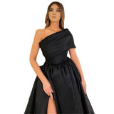 Rarove Graduation Prom Black One Shoulder Organza Evening Prom Dresses Sleeveless vestidos de fiesta Side Split Party Ball Gown