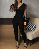 Rarove Back to School Women Fashion Sheer Mesh Long Sleeve Jumpsuits One-Piece Outfit V Neck Glitter Ruched Wrap Jumpsuit