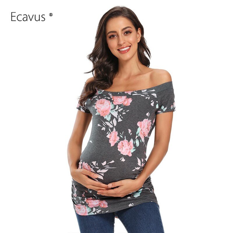Womens Maternity Tops Off Shoulder Short Sleeve Side Ruched Pregnancy T-Shirt Classic BreastfeedingSummer Clothes Pregnant Mama