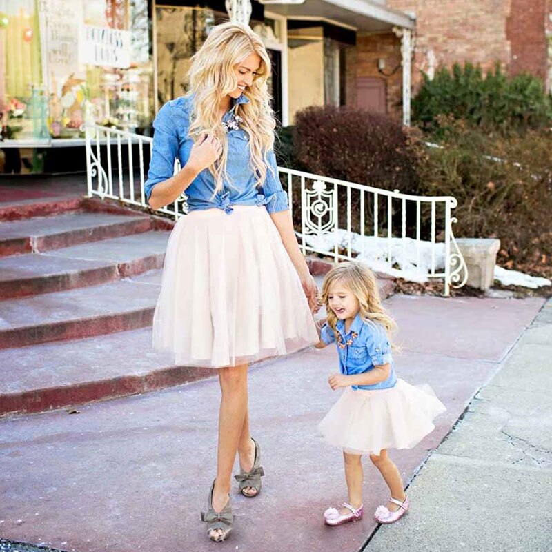 Rarove Matching Outfits Pocket Family Look Clothes Mum Baby Clothing Mother Daughter Dresses Cowboy Shirt Denim Lace Mommy and Me Dress