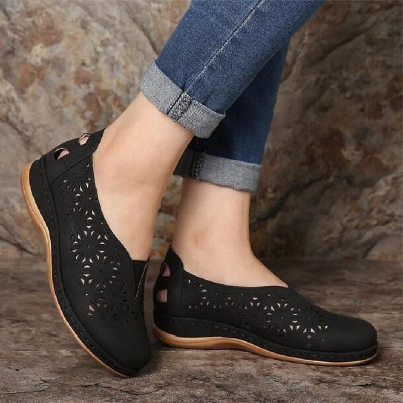 Rarove New Woman Leather Vintage Sandals Female Hollow Out Wedges Platform Shoes Plus Size Women Summer Slip On Retro Moccasins Sandals