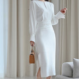 RAROVE Women Chic Design Midi Dress Elegant Casual Office Lady High Wasit Fashion Slim Long Sleeve Slit Dress