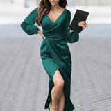Rarove Autumn outfits Women Elegant Formal Gown Maxi Dress Female Stylish Long Party Dress Long Sleeve Ruched High Slit Slit Dress