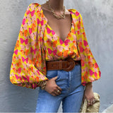 Rarove Autumn outfits 2023 Autumn Puff Sleeve Shirts Blouse Women Floral Long Sleeve V Neck Vintage Shirts Casual Loose Elegant Tops Blouses Female