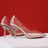 LAIGZEM Trendy Clear Glass Heels Pumps Transparent 8CM Heels PVC Sandals Shoes Woman Celebrity Prom Party Big Size 34 41 42 43