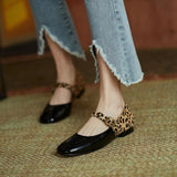 Rarove Black Friday 2022 Spring Women Pumps Patent Leather Round Toe Splicing Leopard Print One-Line Buckle Low-Heel Women's Shoes Mary Jane Shoes