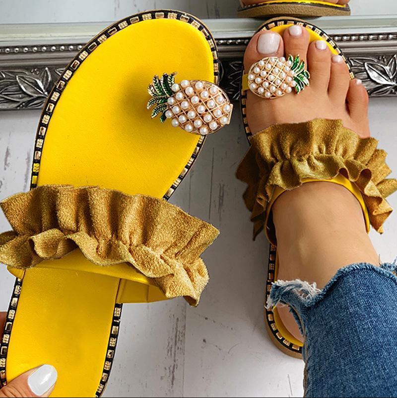 Women Slipper Pineapple Pearl Flat Toe Bohemian Casual Shoes Beach Sandals Ladies Shoes Platform Sandalias De Mujer 2021