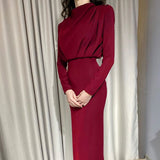 InstaHot Elegant Women Dress Stand Collar Slim Waist Solid Blue Ankle Length Autumn Long Sleeve Casual Party Dress 2020 Fashion