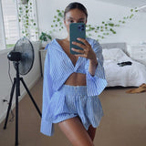Rarove summer dresses for women 2024 Fashion Casual Striped Blouse Shirts And Shorts Matching Set Loose Shirt Sleeve Top Outfits Summer Women Set