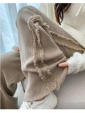Rarove High Waist Pants for Women 2023Autumn Winter Casual Solid Tassel Knitted Wide Leg Pants Elastic Floor Trousers Women's Clothing