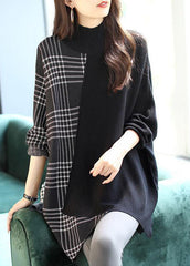 Rarove-Italian Black asymmetrical design Patchwork Plaid Fall Knit sweaters