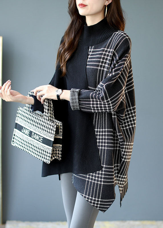 Rarove-Italian Black asymmetrical design Patchwork Plaid Fall Knit sweaters