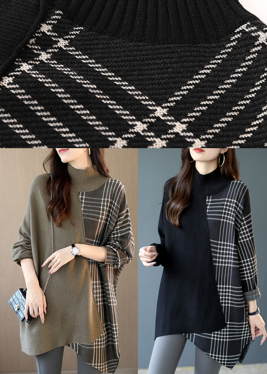 Rarove-Italian Black asymmetrical design Patchwork Plaid Fall Knit sweaters