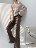 Rarove Knitting Pit Strip Wide-leg Pants Women's Autumn Winter High-waisted Slim Drapey Straight-tube Micro-trumpet Mopping Long Pants