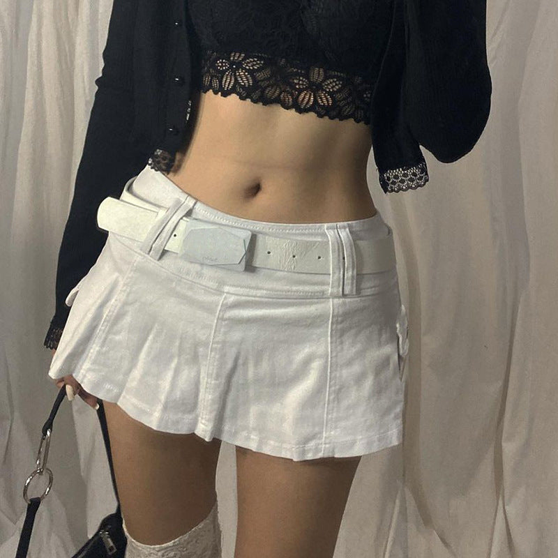 Rarove Harajuku Y2k Denim Skirt Women Dark Gothic Streetwear Mini Skirt with Skull Belt Mall Goth Punk Grunge Sexy Emo Clubwear