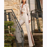 RAROVE 2024 New Fashion Round Neck Heavy Industry Beaded Short Jacket Jacket Slit Bell Pants Suit Blazer & Pants Suit Set With Crystal Embellishments - White