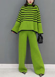Rarove-Organic Green Turtle Neck Striped wide leg pants Knit Two Pieces Set Spring