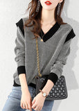 Rarove-Plus Size Black V Neck Plaid Knit Sweater Tops Winter