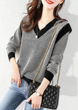 Rarove-Plus Size Black V Neck Plaid Knit Sweater Tops Winter