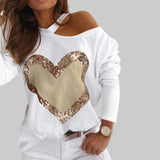 Rarove Autumn outfits Women Fashion Casual Heart Print  Sequin Decor Blouse Pullovers Tee Tops Fashion Long Sleeve Casual Blouse Top
