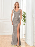 Rarove elegant Sexy Deep V-Neck Sequin Evening Dress Party Maxi Dress 2023 Women Formal  Green Beading Slit Cocktail Prom