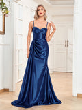 Rarove Luxury Sexy Evening Celebrity Dresses Ruched Side Slit Straps Ribbons Backless Long Satin Party Cocktail Gowns