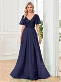 Rarove Elegant Sequins Evening Dress Elegant V-Neck A-line Ruffles Chiffon Robe Short Sleeves Formal Wedding Party Dresses