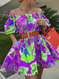 Rarove Women Sexy Off Shoulder Ruffle Belted Tunic Dress Elegant Lantern Sleeve Prom Dresses New Vintage Print Backless Mini Dress
