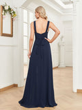 Rarove Elegant Deep V-Neck Navy Blue Chiffon Long Evening Dress For Women Beaded Backless Wedding Party Prom Dresses