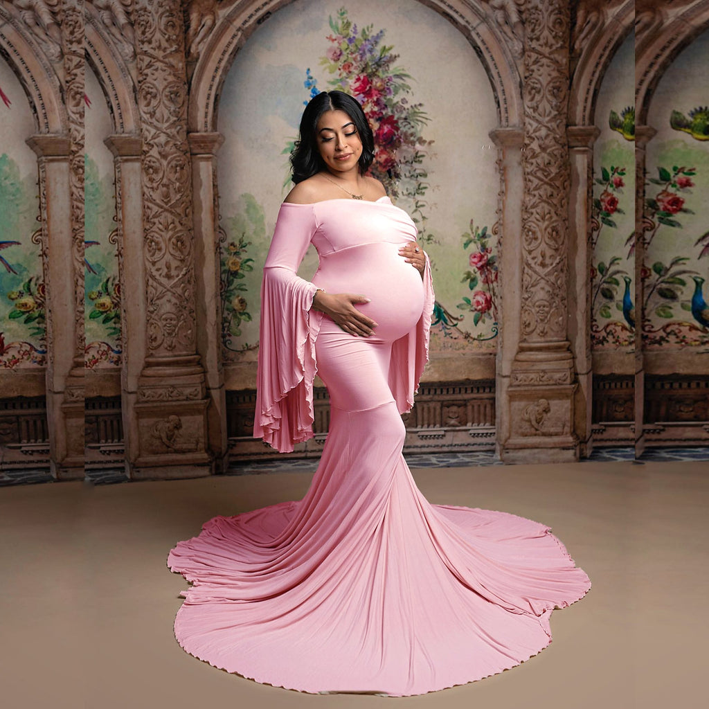 Maternity Photography Props Maternity Gown Photo Shoot Sexy Boho Shoulderless Bell Sleeves Maxi Long Dress Pregnancy Mermaid