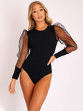 Rarove Autumn outfits Mesh Puff Sleeve Elegant Bodysuits Tops Women Long Sleeve Solid Bodycon Sexy Bodysuits Jumpsuit Vintage Club Body Top Femme