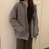 Rarove Women Hoodies Harajuku Korean Version Loose Oversized Sweatshirts Vintage Solid Color Long Sleeve Hooded Sweatshirt Zipper Coats